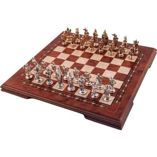 Luxury Rosewood Chess Set 49,5x49,5x2,5 Cm Big Size Vintage Rustic Professional Design Mosaic Motifs Handmade Arts