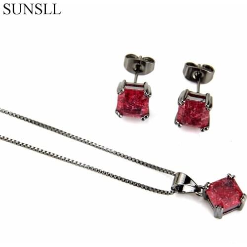 SUNSLL Black Color Copper Multicolor Crack Cubic Zirconia Stud Earrings And Pendant Necklaces Jewelry Sets Womens Fashion Sets