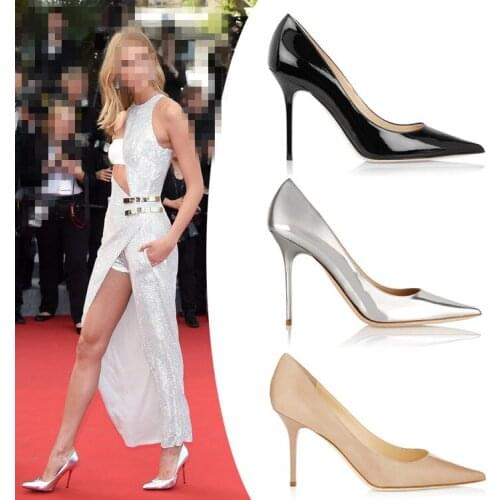 Silver Black Nude Shiny Leather High Heels Pointy Toe 10 CM Ladies Stiletto Pumps Slip On Office Business Ladies Dress Shoes 41