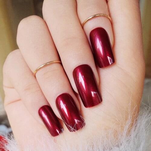 Specular Reflection Vampire Wine Red False Nails Shiny Square Long Solid Nail Tips with Glue Sticker Z431