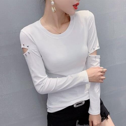 #8557 Black White Red Holes Long Sleeve T Shirt Women Rivet Sexy Streetwear Tshirt Femme Slim O Neck Casual T Shirt For Girl