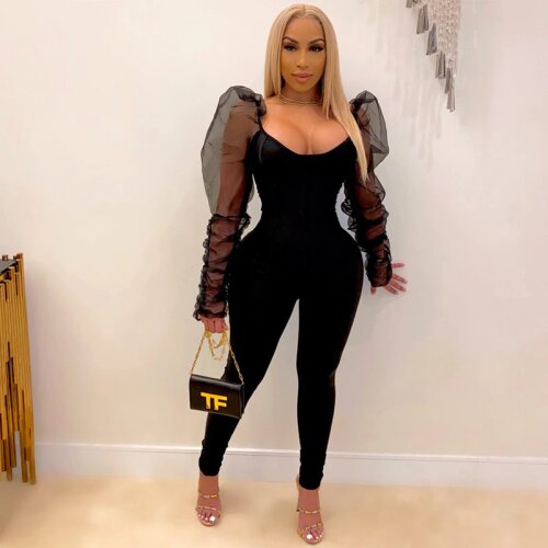New Fashion Women Jumpsuits Square Neck Sexy Mesh Pleated See Through Puff Sleeve Bodycon Pencil Pants Rompers For Nightclub
