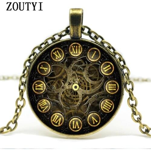 2018/Steam Punk Clock Photo Glass Pendant Punk Necklace Mens Womens Round Pendant Vintage Necklace