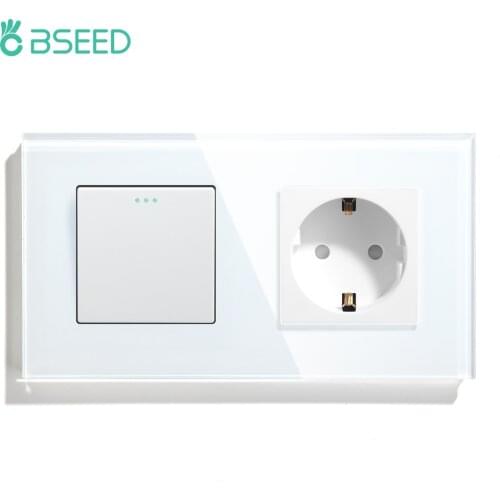BSEED Mechanical Light Switch Wall Socket Glass Frame 1/2/3Gang 1Way Wall Switch Power Outlet Push Button Switches Wall Socket