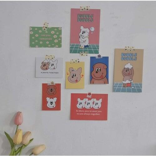 Ins cartoon Cute Puppy Decorative Card 8sheets Postcard Desk Bedroom Creative Background Wall Sticker Photo Props Greeting Card