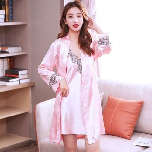 Spring Autumn Silk Sexy Lace Sling Nightgown Robe 2Pcs Suit Womens Nightdress Summer Ice Thin Nightwear Home Wear Lounge Set