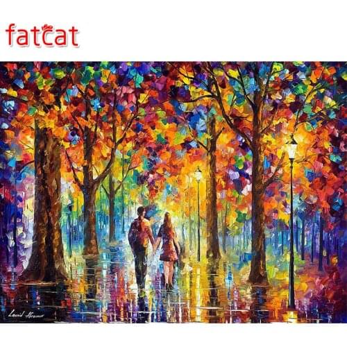 FATCAT 5d Diy Diamond Painting Rain Couple Landscape Full Square round Rhinestones Mosaic Diamond Embroidery street night AE317