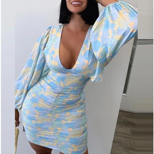 Summer Casual Fashion High Wasit Printed Sexy V Neck Womens Dress Autumn Elegant Slim Bodycon Lady Dresses Lantern Long Sleeves