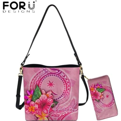 FORUDESIGNS Fashion Pu Leather Bucket Bag For Women Chuuk Polynesian Flower Print Brand Messenger Handbags Luxury Purse Bolsa