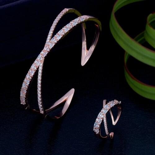 BRIDE TALK Bridal Wedding Bijoux Exquisite Bracelet Micro Paved Baguette Cubic Zircon Adjustable Bangle/Ring Sets For Women