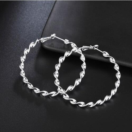 New Arrival Silver 925 Jewelry 45MM Twist Round Circle Hoop Earring Women Fashion Silver Big Hoop Earrings Korean Earrings