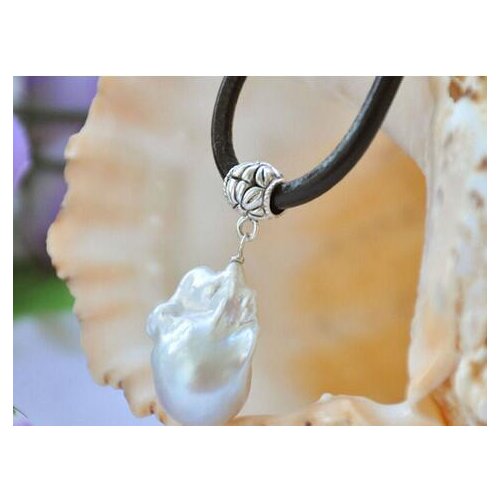 Huge 17" WHITE baroque keshi reborn pearl pendant leather necklace