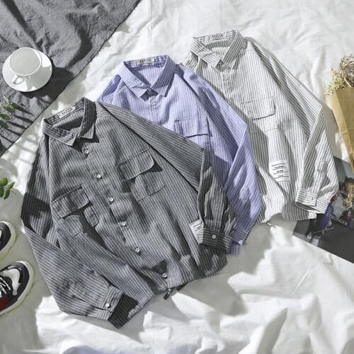 Student striped shirt male growth sleeve new Korean loose loose shirt wild casual shirt