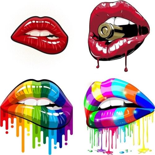 Rainbow Lips Patch DIY Print-On T-Shirt Washable Thermal Clothes Sticker Fashion Women Diamond Lips Stickers Iron On Patches
