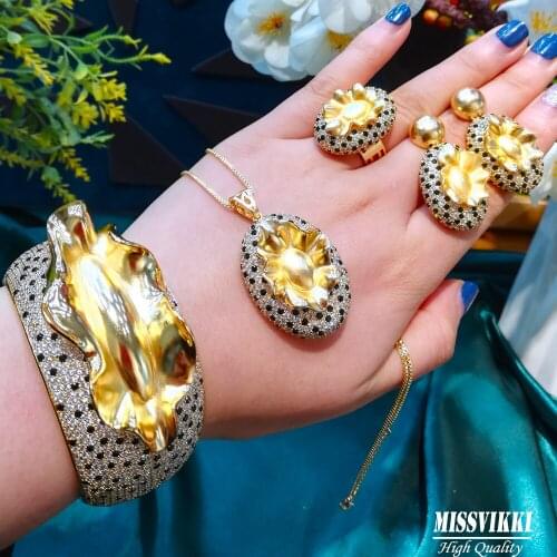 Luxury Surface Alloy Cuff Dubai Luxury Necklace Wide Bangle Earrings Ring Jewelry Set Wedding High Quality jewellery set