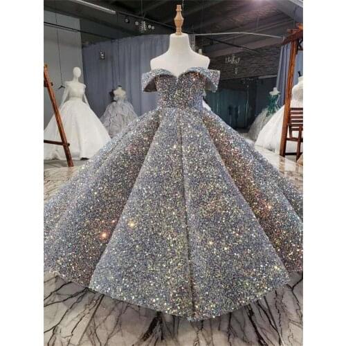 Luxury Silver Bling Sequin Girls Pageant Dresses Fluffy Off the Shoulder Ruched Flower Girl Dresses Ball Gowns Party Dresses for