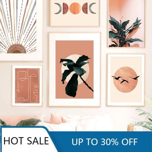 Christmas Canvas Painting Abstract Sun Face Moon Plant Orange Nordic Posters And Prints Wall Pictures For Living Room Home Decor