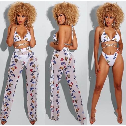 Sexy Print Mesh Sheer Pants Bikini Cover-ups Women Swimwear Fashion High Waist Ruffles See Through Pants Beachwear