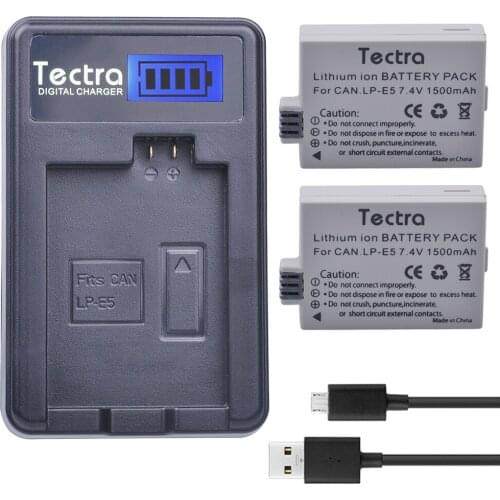 Tectra 2PCS LP-E5 LPE5 1500mAh Li-ion Battery+LCD USB Charger for Canon EOS Rebel XS Rebel T1i Rebel XSi 1000D 500D 450D Kiss X3