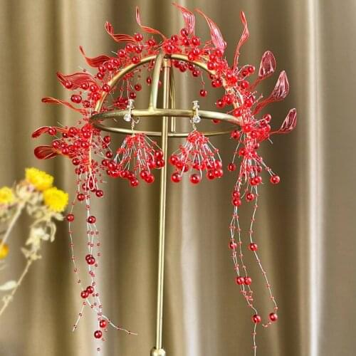 Gorgeous Handmade Red Wedding Hairbands Crowns with Earring Crystal Brides Headbands Evening Hair Jewelry Bridal Accessories