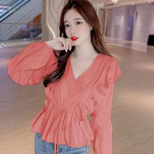 Spring Women Blouse V Neck Lace-up Waist Slimming Ruffled Lantern Sleeve Shirt Sweet Chiffon Lady Tops 2021