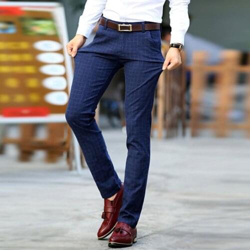 2021 high wasit spring autumn fashion pocket Mens Slim Plaid Straight Leg Trousers Casual Pencil Jogger Casual Pants