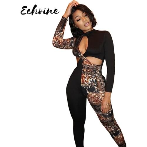 Hollow Out Leopard Spliced Skinny Rompers Autumn Women Waist Cut Out Long Sleeve Jumpsuit Streetwear Slim One Piece Overalls