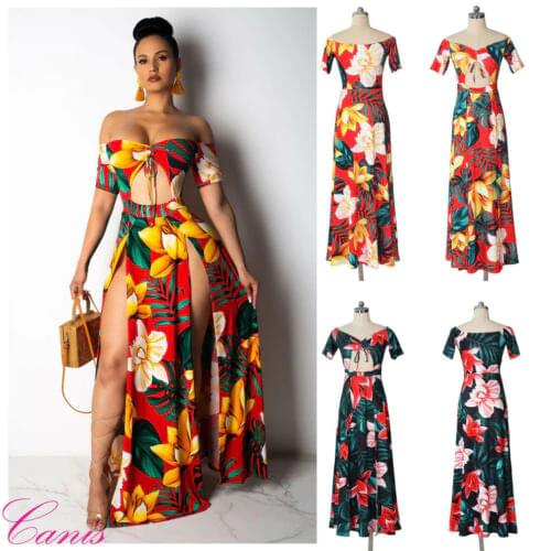 Women Off-shoulder Split Long Maxi Short Sleeve Dress V-neck Ladies Beach Summer Casual Sundress Woman Party Dresses Vestidos
