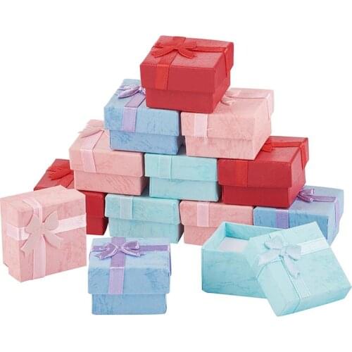 12pcs Square Cardboard Ring Gifts Boxes For Bracelet Earring Packaging Display Boxes with Satin Ribbons Bownot outside Mix Color