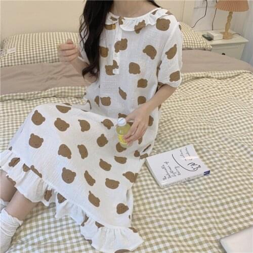 Cartoon Bear Summer Nigghtgown Kawaii Casual Cotton Short Sleeve Long Sleepwear Soft Ruffles Ins Korean Home Clothes Loose Cute