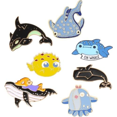 Cute Cartoon Animal Underwater World Shark Whale Puffer Fish Brooches Pins Hat Bag Badge Enamel Lapel Pin Gifts for Kids friends