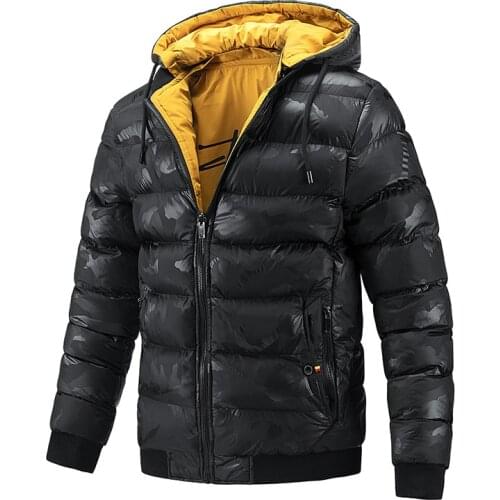 Mens cotton jacket thick winter double-sided camouflage fashion high-end cold and windproof warm mens outerwear hooded jacket