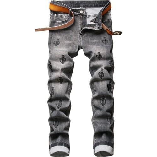 Mens Letters Embroidery Jeans Slim Fit Gray Stretch Denim Pants Streetwear Grey Trousers