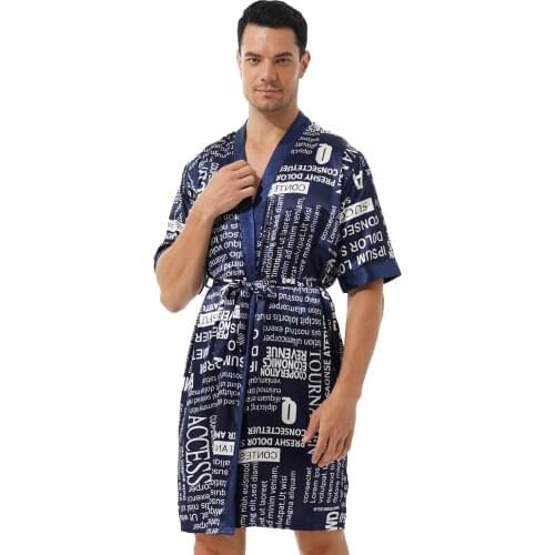 Men Fashion Striped/Letter Print Bathrobe Open Front Lingerie Babydolls Short Sleeve Belted Night-robe Sissy Homewear Nightwear