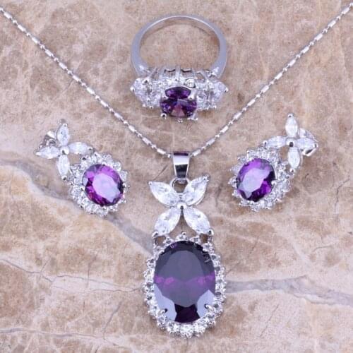 Purple Cubic Zirconia White CZ Silver Plated Jewelry Sets Earrings Pendant Ring Size 6 / 7 / 8 / 9 / 10 S0041
