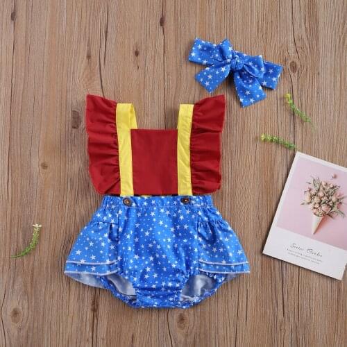 Summer 2Pcs Baby Girls Clothes Ruffle Sleeveless Star Print Backless Lace Up Bodysuit with Bow Headband Set