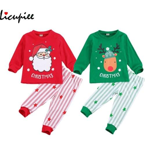 2 Piece Set Children Kids Cotton Christmas Pajamas Set Santa Claus Elk Print o Neck Long Sleeve t Shirt Stripe Outfits 1-6 Years