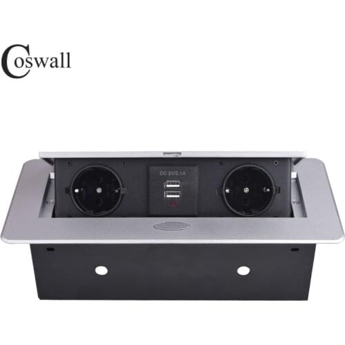 COSWALL Zinc Alloy Plate 16A Slow POP UP 2 Power EU Socket Dual USB Charge Port 2.1A Office Table Desktop Outlet Black Steel Box