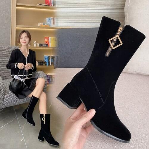 2020 Mid Calf Boots High Heel Woman Boots Round Toe Thick Heel Shoes Zipper Ladies Footwear Autumn Winter Black Big Size 43
