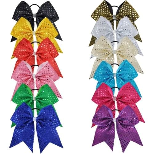 12Pcs 7 Inches Sequin Cheerleading Bows Sets Woman Large Bowknot Elastic Hairband Girls Hair Bows Accessories Ties Gum Rope