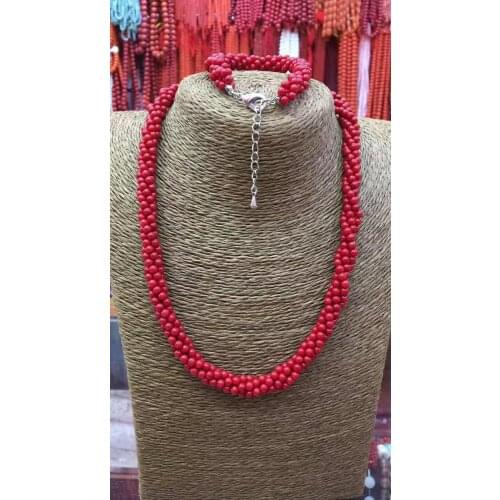 Womens 4 strand 4mm red coral twist necklace bracelet set fashion jewelry