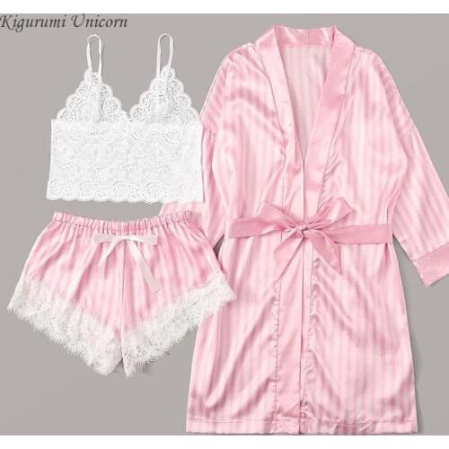 3pcs Womens Lace Pajama Set Sleeveless Crop Tops Elastic Bowknot Wireless Bra Shorts Stripe Robe Solid Color Sleepwear Summer