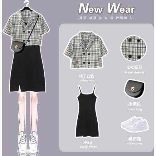 Plus Size Womens 2021 Summer New Plaid Suit Short Sleeve + Suspender Skirt Two-piece Suit