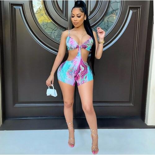 Splash Ink Print Skinny Rompers for Women 2021 Sexy Low Neck Spaghetti Strap Jumpsuit Summer Body-shaping Beachwear Playsuit