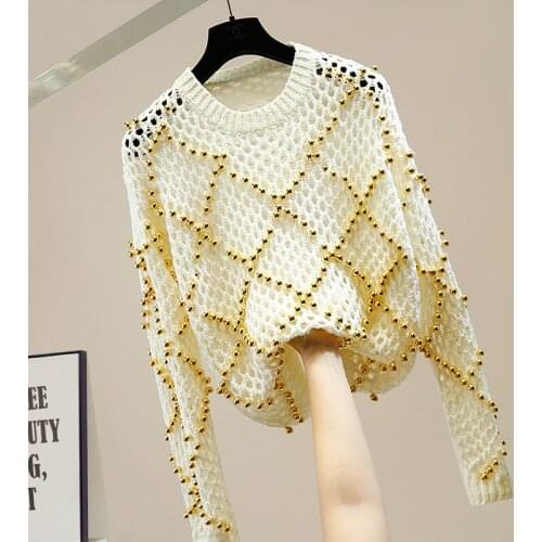 Studded Hollow Sweater Women Large Pearl Beaded Long Sleeve Loose Rhombus Hollow-out Perspective Knitwear Shirt Top Lady Loose