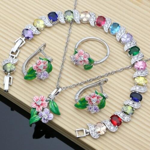 High Quality Handmade Enamel 925 Silver Jewelry Sets for Women Flower Earrings Wdding Bracelet Necklace Set Dropshipping