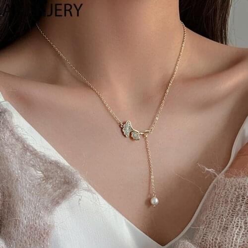 ANENJERY 925 Sterling Silver Micro Zircon Leaf Pearl Tassel Necklace For Women Simple Temperament Clavicle Chain Jewelry