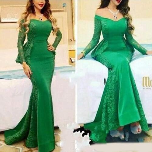 2020 Green Lace Mermaid Saudi Arabia Evening Dresses Elegant Long Sleeve Peplum V Neck Formal Party Dress Floor Length Prom Gow