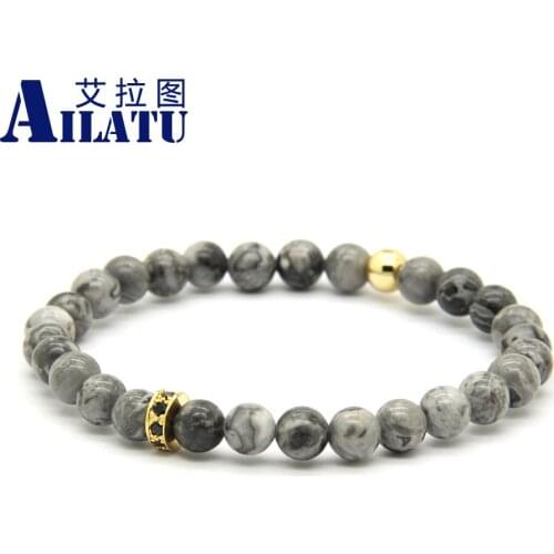Ailatu 6mm Grey Stone Beads with Fashion Micro Inlay Black Zircons Wheel Spacer Lucky Brand Jewelry Bracelets