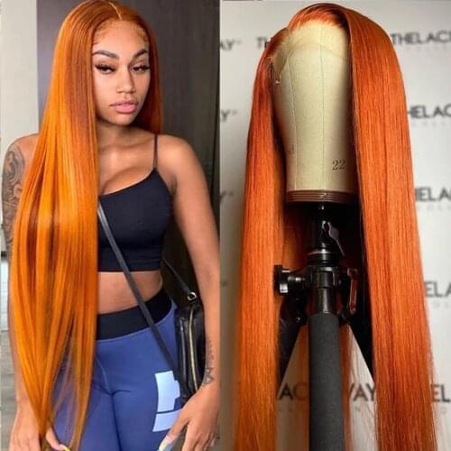 28inch Orange Color Long Lace Front Silky Straight Hairstyle with Middle Part For Women Synthetic Hair Heat Resistant Fiber Hair